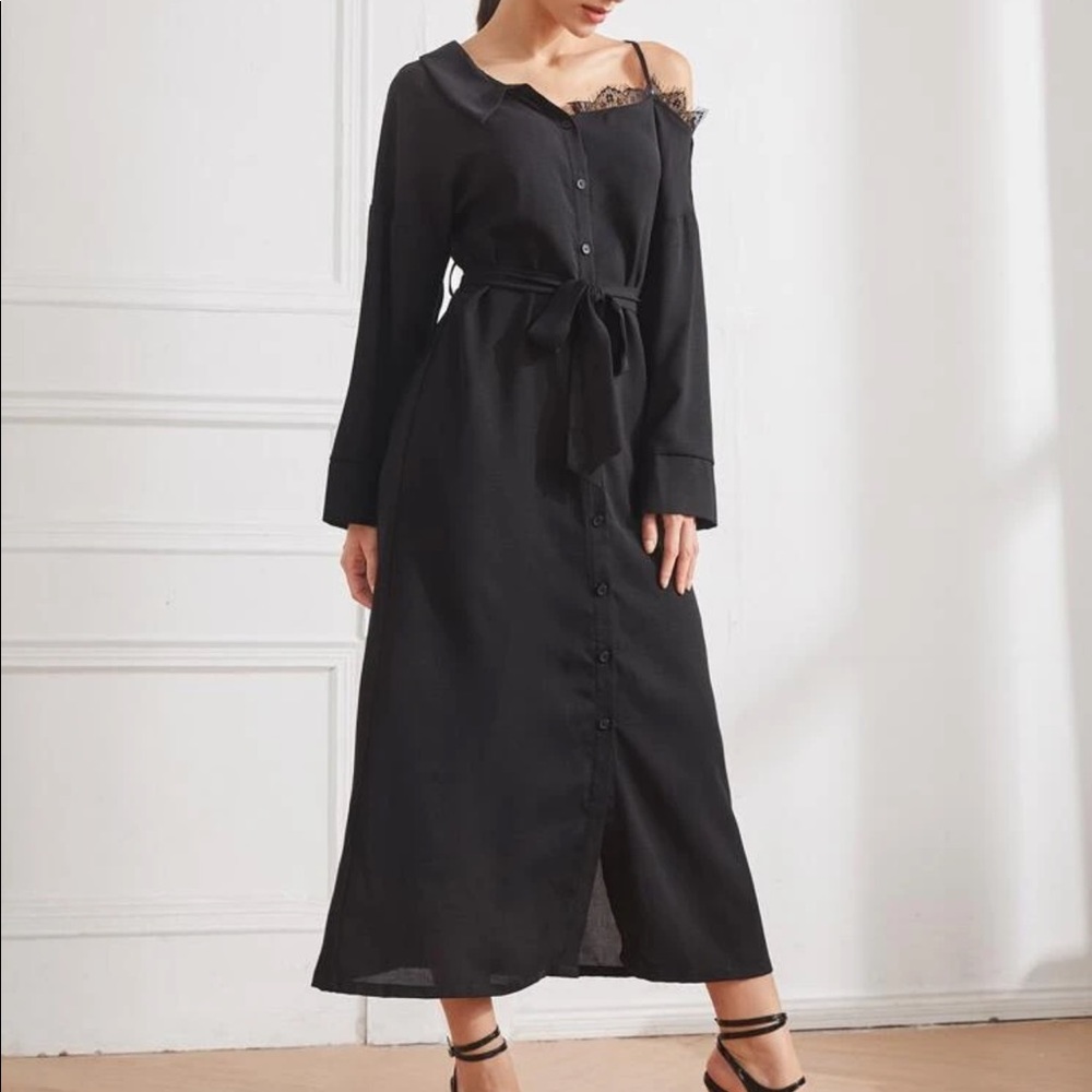 Black Asymmetrical Neckline Midi Dress - Picture 3 of 5